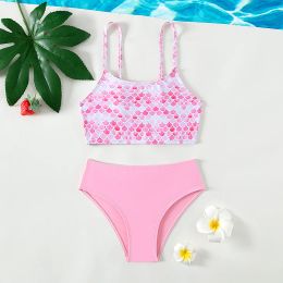 Suits Princess Pink Mermaid Girls Two Piece Swimwears 515 Years Swimming Suit for Teenage Girls Split Strap Swimsuit