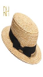 Summer Female Natural S Wheat Straw Boater Fedora Top Flat Hat Women Beach Flat Brim Cap With Red Navy Stripe Ribbon RH 2205134908863