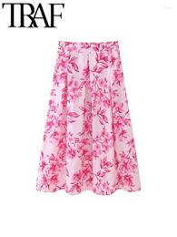 Skirts Vintage Pink Printed Women Midi Skirt 2024 Summer Zipper High Waisted Pleated A-Line Swing Female Long Y2K Jupe