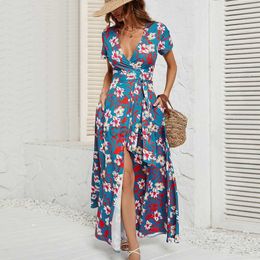 Designer Dress Women's summer printed short sleeved V-neck waistband slit dress for women Plus size Dresses