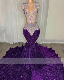 2024 Purple Sheer O Neck Long Prom Dress For Black Girls Beaded Crystal Rhinestone Birthday Party Gowns Sequined Evening Dresses