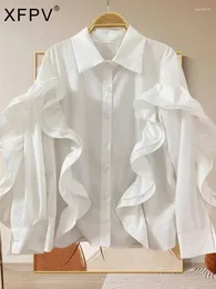 Women's Blouses XFPV Women Ruffles Gentle Single Breasted Blouse Lapel Long Sleeved Loose Lightweight Fashion Shirts Spring Summer 2024