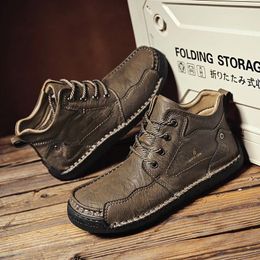 Casual Shoes Genuine Leather Winter Men Boots Warm Short Plush Snow Men's Outdoor Work Military Combat Rubber Ankle