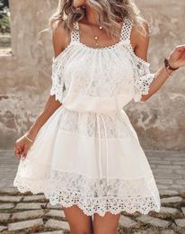Casual Dresses Vintage Lace Summer Dress Cold Shoulder Half Sleeve Loose Crochet Embroidery Stitching A Line Mini Female Clothing
