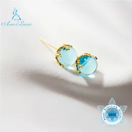 Stud Earrings Women's Sterling Silver 925 Jewellery Plated Gold Bead Ball Ocean Blue Crystal Stone Small Sweet