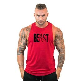 Men's Tank Tops BEAST Letter Printed Cotton Gym Clothing Mens Bodybuilding Tank Tops Fitness Slveless Undershirt Y Back Workout Stringer Vest Y240507