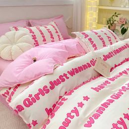 Bedding sets Korean Style Pink Letter Bedding Set Flat Bed Sheet Pillowcase Twin Full Queen Size Bed Linen Women Girls Duvet Cover No Filling J240507