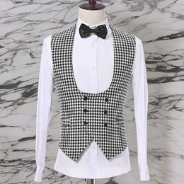 Cheque Plaid Suit Vest Men with Double Breasted for Gentleman Single One Piece Casual Houndstooth Waistcoat Fashion Costume 240507