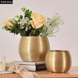 Vases Golden Brushed Ceramic Flower Pots Decorative Round Gilded Vase Plant Arrangement Porcelain Nordic Home Decor