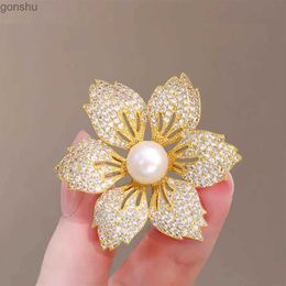 Pins Brooches Temple Gold Colour Bauhinia Brooches Pearl Womens Tight Corset Flower Set Wedding Party Elegant Womens Accessories Pin WX