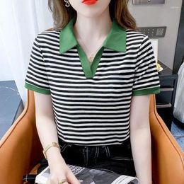 Women's Polos T-shirt Woman Polo Neck Shirts For Women Tops Short Sleeve Tee Splicing Clothing Striped Luxury Offer Cute V