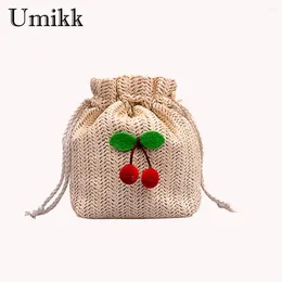 Shoulder Bags Women Straw Bag Handmade Cherry Drawstring Crossbody Versatile Crochet Satchel Girls Outdoor Daily