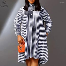 Party Dresses VAZN 2024 African Style Short Dress Long Sleeve Lapel Striped Mini Casual Street Loose Shirt