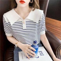 Women's T-Shirt Ice Silk Short sleeved Womens Summer New Striped Polo Neckline Thin Full Match Youth Top Sweet and Fashionable Korean ClothingL2405