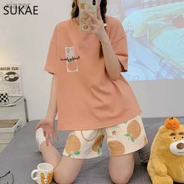 Women's Sleepwear Summer Womens Pajamas Cotton Cartoon Pajamas Kawaii Orange Cartoon Printed Pajama Set Young Womens Shorts Drawn Underwear WX