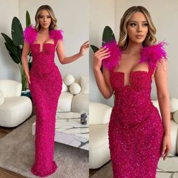 Mermaid Rosy Dresses Pink Evening Feathers Shoulder Sequins Pearls Party Prom Formal Long Red Carpet Dress For Special Ocn