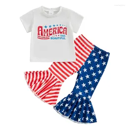 Clothing Sets Toddler Baby Girl 4th Of July Outfit Short Sleeve T-Shirt American Flag Stars And Stripes Flared Pants Set