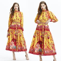 Designer Long Sleeve Floral Linen Maxi Dress Yellow Elegant Women Vintage Print Party Wear Casual Shirt Dresses Mock Neck Slim A-line Cocktail Resort Robes Clothes