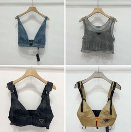 Shiny Rhinestone T Shirts Women Denim Sling Vest Sexy Cropped Top Party Tank Tops V Neck T-Shirt Bra Fashion Clothing 666857