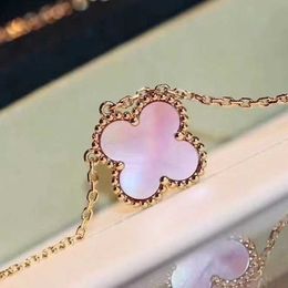 Brand originality 925 Sterling Silver Van Pink Shell Clover Necklace Plated with 18K Gold Natural Powder Lucky Grass Pendant High Version Collar Chain Jewellery