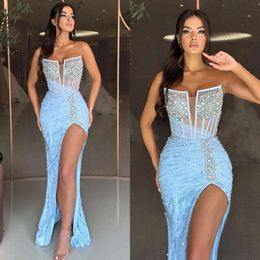 Baby Evening Mermaid Elegant Blue Strapless Pärlor Crystal Formal Party Prom Dress Red Carpet Long Dresses For Special Ocn Es