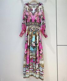 Casual Dresses High Quality Silk Women Bohemian Printed Pink Maxi Long Lantern Sleeve Drilling V-neck Elastic Waist Dress