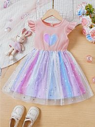 Girl Dresses Girls' Summer Valentine's Day Series Dress Sweet Fantasy Heart Print Five-pointed Star Embellished Mesh