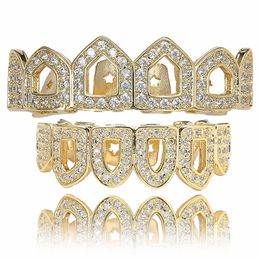 Hiphop Iced Out Zircon Hollow Teeth Grills Gold Plated Body Piercing Rapper Jewellery Cubic Zirconia Tooth Top Bottom 8/8 240418