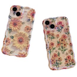 Colourful Painting Printed Sunflowers Floral Glossy TPU Clear Curly Waves Edge Protective Phone Case For iPhone 15 Pro Max 14 13 12, Cute Cover