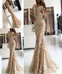 Sexy Mermaid Evening Gowns with Half Sleeves 2019 Sheer Bateau Neck Backless Chamapgne Lace Cheap Prom Ball Dresses Cocktail Party2066976