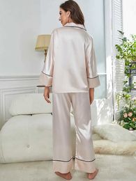 Women's Sleep Lounge Silk Satin Womens Pyjamas Set Tops Pants Turn Down Collar Sleepwear 2 Pieces Female Loungewear Leisure Long Sleeves Home Suit