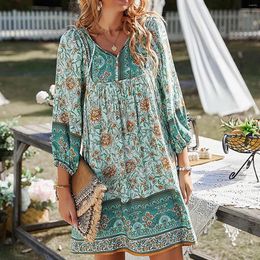 Casual Dresses Vintage Floral Print Boho Dress Women V Neck Long Sleeve Loose Short 2024 Spring Summer Bohemian Beach Sun