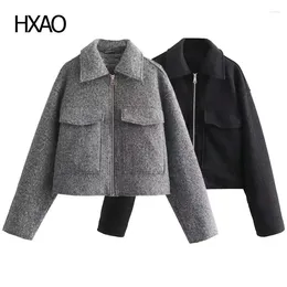 Women's Jackets HXAO Jacket Black Cropped Duffle Coat Tweed Female Autumn Winter Long Sleeve Wool Coats Woman In