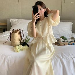 Work Dresses Korean Chiffon Two Piece Skirt Sets Elegant Womens Outfit Bubble Sleeve Cropped Shirt Gentle Wind Elastic High Waist Midi