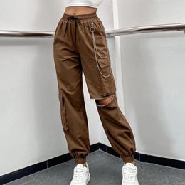 Women's Pants Broken Zipper Cargo Elastic Waist Pleated Slanted Pocket Bound Feet Metal Chain Decoration Trousers Y2k Streetwear