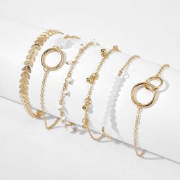 Alloy Jewellery geometric pearl niche with stacked wind fishbone chain small flower leaf bracelet 6-piece set