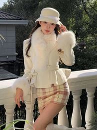 Work Dresses Faux Fur Collar Short Sweet Wool Coats And Mini Pink Plaid Skirts 2 Piece Set Korean Winter Fashion Ruffle Temperament