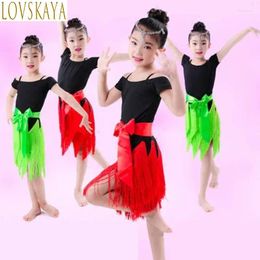 Stage Wear Children Modern Ballroom Latin Dance Dress Gree Red Tassel Fringe Salsa Tango Black Performance