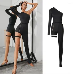 Stage Wear High-end Sexy Slant Shoulder One-Sleeve-Leg Design Latin Dance Jumpsuit Women Rumba Salsa Clothes Black Pants