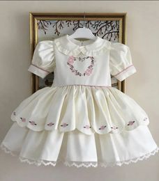 0-12Y Baby Girl Summer Różowe serce Kwiat haft turecki vintage Lolita Princess White Dress for Birthday Holiday Casual Eid 240507