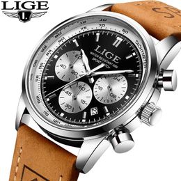 Wristwatches LIGE Luxury Fashion Men Watch Stopwatch Casual Sports Waterproof Quartz Men's Business Clock Leather Strap Calendar