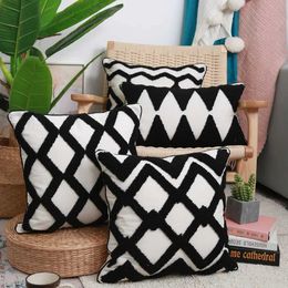 Cushion/Decorative Moroccan Geometric Tuftedcase 30x50/45x45cm Black Hand-embroidered Throws Cotton Linen Indian Style Cushion Cover