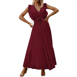 Casual Dresses Women'S Summer Beach Long Fashion Slim Sexy Ruffle Sleeve Chiffon Pleated Skirt Dress Elegant For Women Party