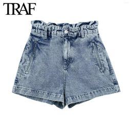 Women's Jeans Clothing Cargo Washing Effect Paper High Waist Streetwear Chic Female Pocket Denim Shorts Pants