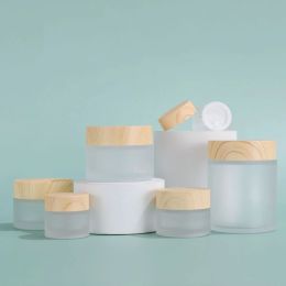 Brushes 10pcs 5g 10g 15g 30g 50g Frosted Glass Makeup Skin Care Lotion Pot Cream Jar with Wood Lid Cosmetic Container Packaging Bottles