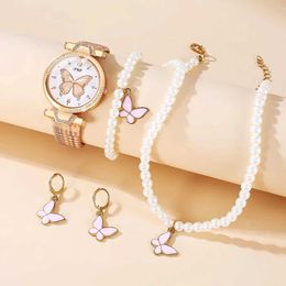 Women's Watches 4Pcs Ladies Fashion Simple Trend Butterfly Digital Pointer Belt Quartz Pearl Pink Butterfly Jewellery Set Christmas Gift