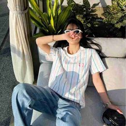 Women's T-Shirt designer 2024 early spring new small fragrant towel embroidered macaron striped cotton round neck pullover short sleeved T-shirt for women RUMK