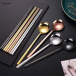 Dinnerware Sets Korean Long Handle Chopsticks Round Head Spoon 304 Stainless Steel Solid Color Cutlery Set Home Tableware Kitchen Utensils