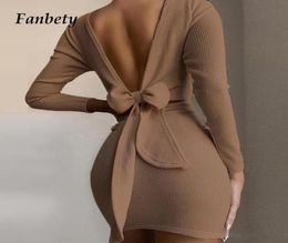 Elegant Backless Bow Women Party Dress XL Autumn V Neck Long Sleeve Casual Mini Dress Vintage Solid Knitted Slim Dresses Vestido7572091