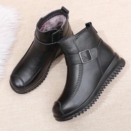 Boots Winter Shoes Women Leather Flat Casual Snow Women's Side Zipper Warm Cotton Mother Waterproof Non-slip Booties